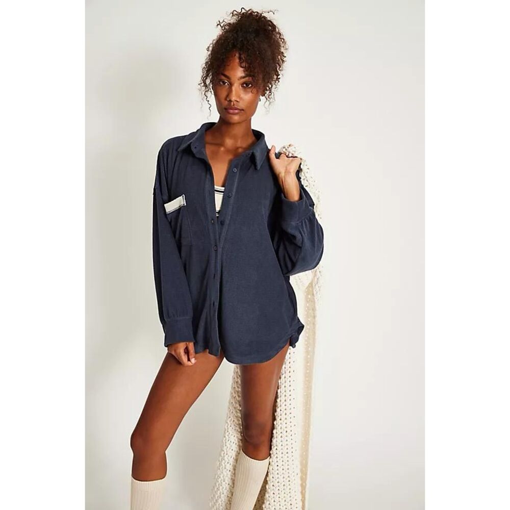 Free People Intimately Sleep Shirt Check It Out Button Blue Large